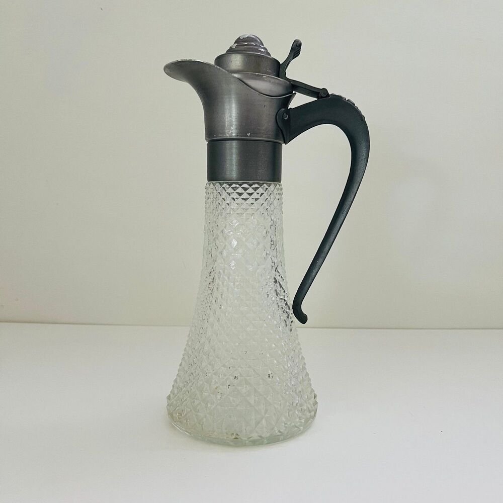 Vintage Diamond-Point Cut Glass Body Pitcher Decanter With Pewter Lid & Handle
